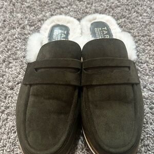 Taryn Rose Olive Green Suede Fur-Lined Loafers